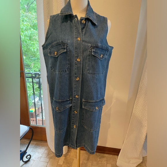 Sleeveless Denim Button Down Cargo Utility Dress Medium As IS no belt - Picture 2 of 6